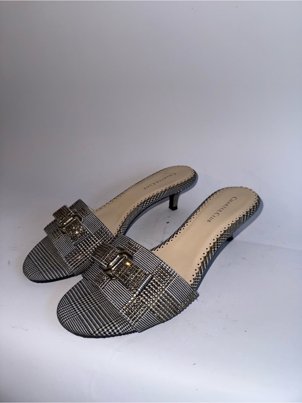 Charter Club Tessaa Kitten Heel Slides Plaid Gray Women’s Size 7.5